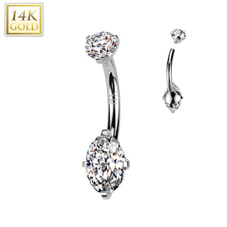 Or 14kt Piercing Nombril deux zircones Filetage Interne