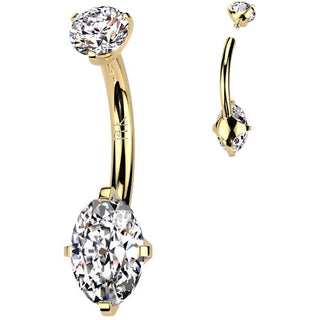 Or 14kt Piercing Nombril deux zircones Filetage Interne