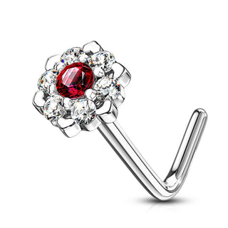 Solid Gold 14 Carat Nose L-Shape Flower Zirconia