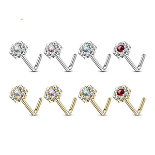Solid Gold 14 Carat Nose L-Shape Flower Zirconia