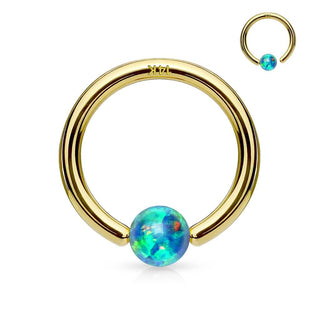 Solid Gold 14 Carat Ring sphere Opal Captive Bead