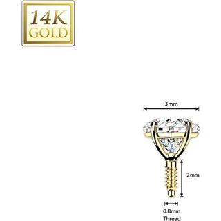 Solid Gold 14 Carat Labret Prong Set Heart Zirconia Internally Threaded