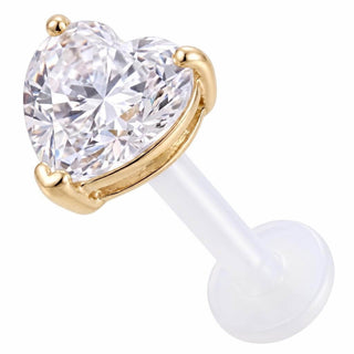 Solid Gold 14 Carat Labret Prong Set Heart Zirconia Internally Threaded