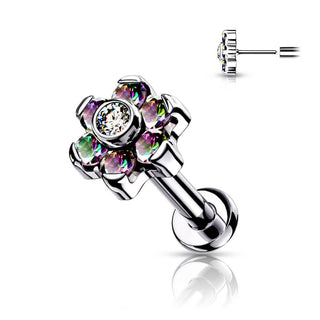 Titanium Labret Push-In Flower Zirconia Silver