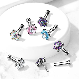 Titanium Labret Push-In Flower Zirconia Silver