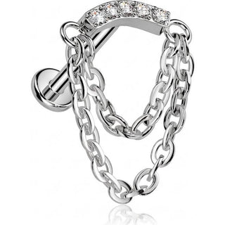 Titanium Labret Pave Cubic Zirconia Curve Double Chain Dangle Push-In