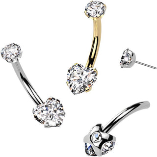 Titanium Belly Button Piercing heart zirconia prong setting Push-In