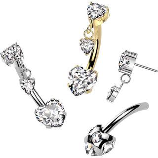 Titanium Belly Button Piercing heart zirconia prong setting dangle Push-In