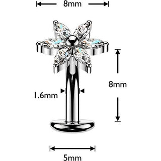 Titanium Belly Button Piercing flower 6 marquise zirconia petals Push-In