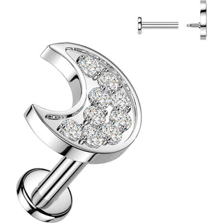 Labret pave cubic zirconia crescent moon Internally Threaded