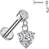 Labret heart cubic zirconia dangle bezel setting Internally Threaded