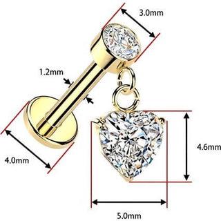 Labret heart cubic zirconia dangle bezel setting Internally Threaded
