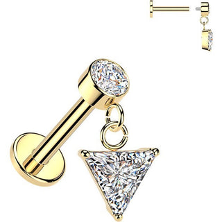 Labret triangle cubic zirconia dangle bezel setting Internally Threaded