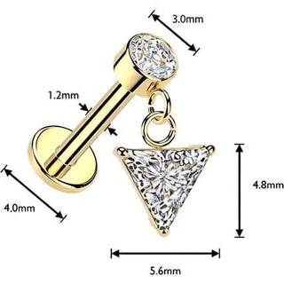 Labret triangle cubic zirconia dangle bezel setting Internally Threaded