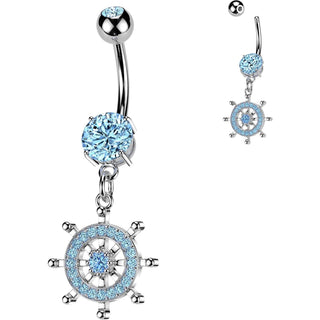 Belly Button Piercing Pave Zirconia Ship Wheel Dangle
