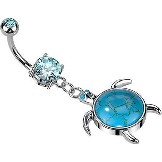 Piercing Ombelico Pendente Tartaruga in pietra semipreziosa turchese, zircone e argento