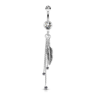 Piercing Ombelico Pendente a piuma in argento e zirconi