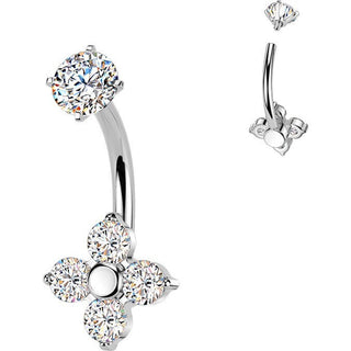 Belly Button Piercing prong set 4 cubic zirconia flower Internally Threaded