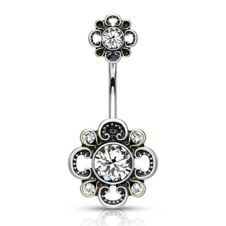 Belly Button Piercing Flower Zirconia Silver