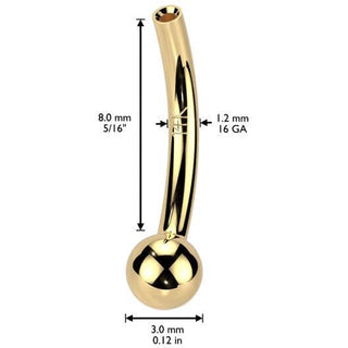 Solid Gold 14 Carat curved barbell pin one fixed ball