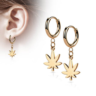Earring 316L Hinged Hoop Earring Pot Leaf Dangle 1 Pair Clicker