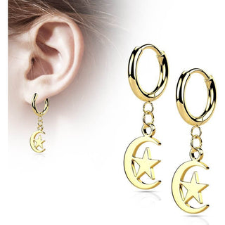 Earring 316L Hinged Hoop Earring Moon and Star Dangle 1 Pair Clicker