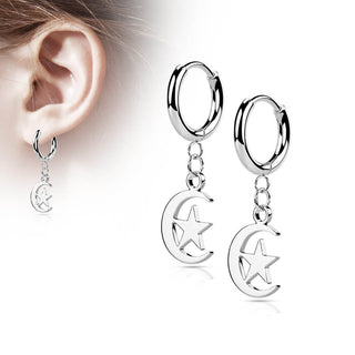 Earring 316L Hinged Hoop Earring Moon and Star Dangle 1 Pair Clicker