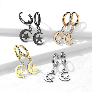 Earring 316L Hinged Hoop Earring Moon and Star Dangle 1 Pair Clicker