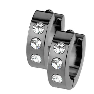 Earring 316L Black Hinged Hoop Earring 3 Clear Cubic Zirconia 1 Pair Clicker