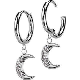 Earring 316L Hinged Hoop Earrings CNC Cubic Zirconia Crescent Moon Dangle 1 Pair Clicker