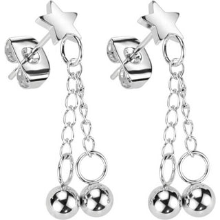 Stud Earring 316L Stud Earrings Hand Polished Star 2 Chain Ball Dangles 1 Pair