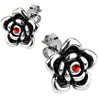 Stud Earring 316L Stud Earring Full Bloom Rose Red Cubic Zirconia 1 Pair