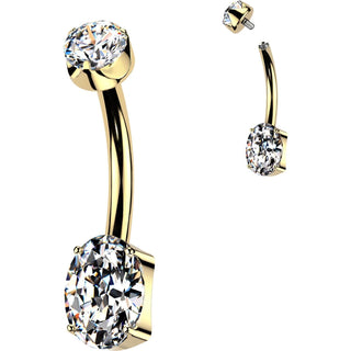 Titanium Belly Button Piercing Gold PVD Prong Setting Oval Zirconia