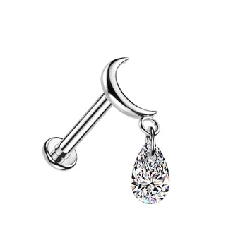 Titanium Labret moon teardrop cubic zirconia dangle Internally Threaded
