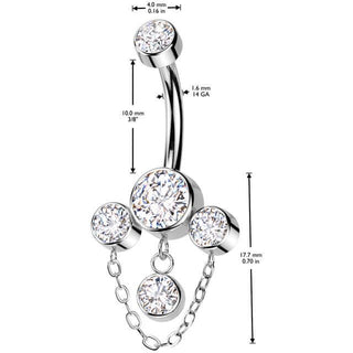 Titane Piercing Nombril 3 zircones chaîne pendentif  Filetage Interne