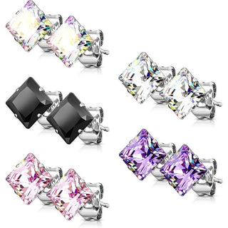 Stud Earring Square Zirconia 5 pair, 5 s pairs