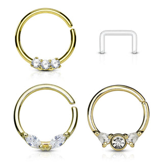 Septum Piercing Set Retainer Ring Zirkonia Gold Biegbar, 3 Stück