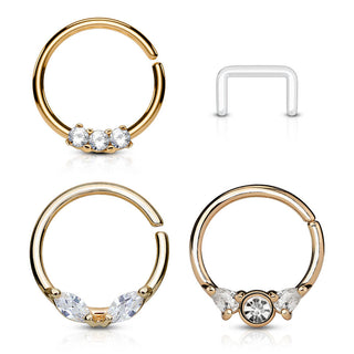 Septum Piercing Set Retainer Ring Zirkonia Gold Biegbar, 3 Stück