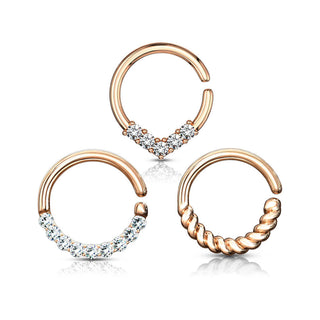 Septum Piercing Set Ring Zirconia Gold Bendable, 3  pieces