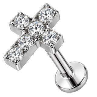 Titanium Labret Paved Crystal Cross Design Internally Threaded