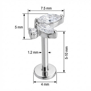 Titanio Labret Cluster Foglie Cristallo Marquise Filettatura Interna