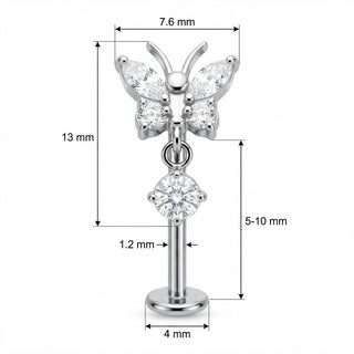 Titanium Labret Crystal Butterfly With Dangle Charm