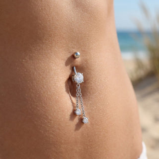 Titanium Belly Button Piercing Round Zirconia With Double Chain Internally Threaded