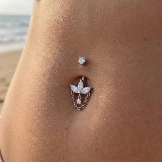 Titanium Belly Button Piercing Lotus Flower And Chain