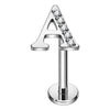 Titanium Labret Initial Letter With Stones Internally Threaded Silver