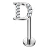 Titanium Labret Initial Letter With Stones Internally Threaded Silver