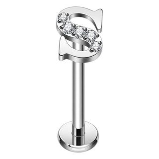 Titanium Labret Initial Letter With Stones Internally Threaded