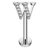 Titanium Labret Initial Letter With Stones Internally Threaded Silver