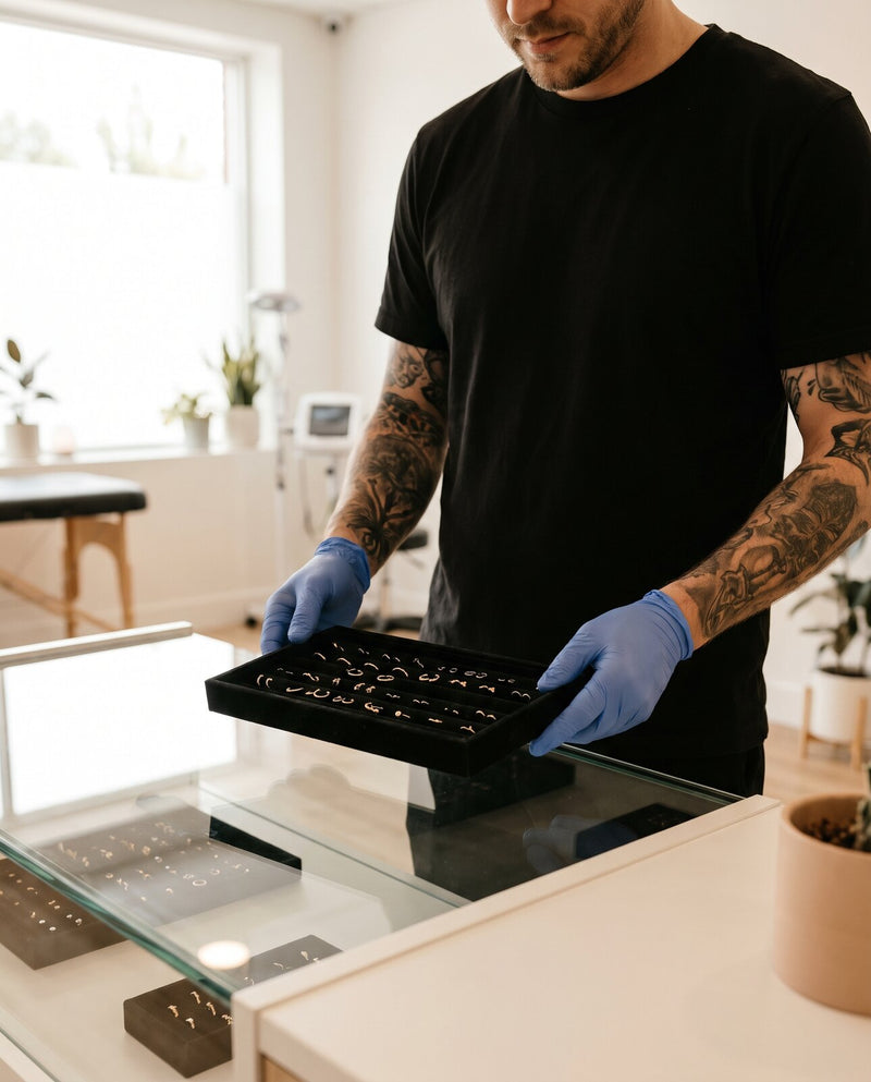 Piercer showing jewellery from the display case